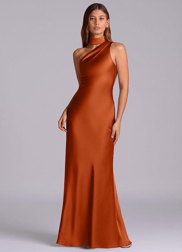 Azazie Seona Brautjungfernkleider Meerjungfrau-Linie One-Shoulder Stretch-Satin Kleid Gebranntes Orange image1