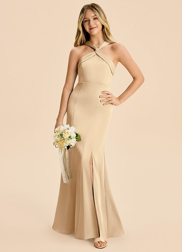 Azazie Rue Junior Champagne Mermaid Pleated Stretch Satin Dress image1