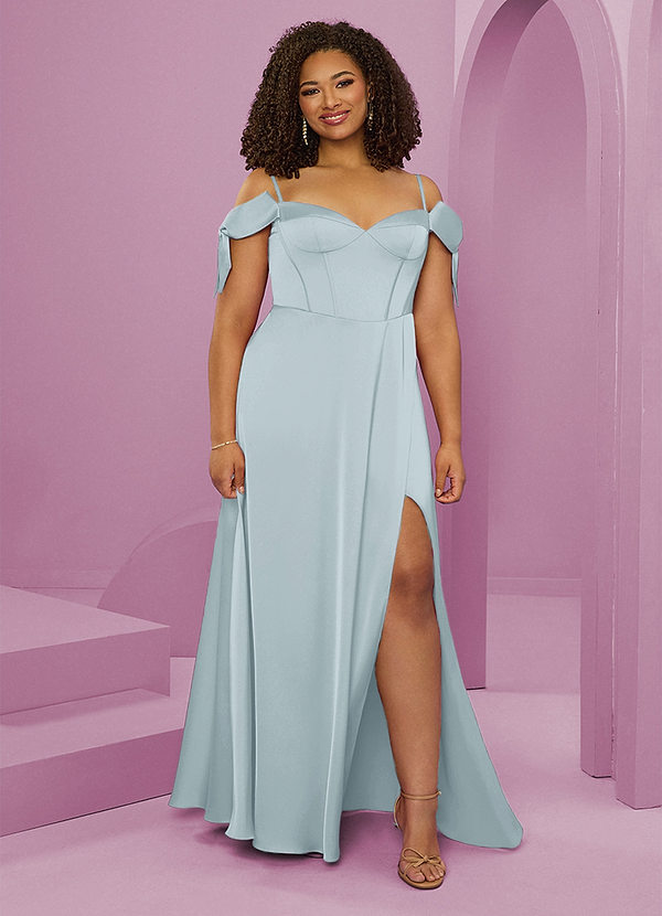 Barbie ♥ Azazie Bridesmaid Dresses Mist A-Line Off the Shoulder Stretch Satin Dress image1