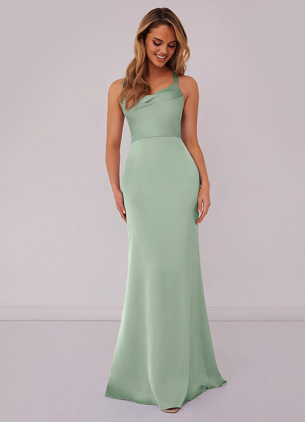 Barbie ♥ Azazie Bridesmaid Dresses Agave Mermaid Pleated Stretch Satin Dress image1
