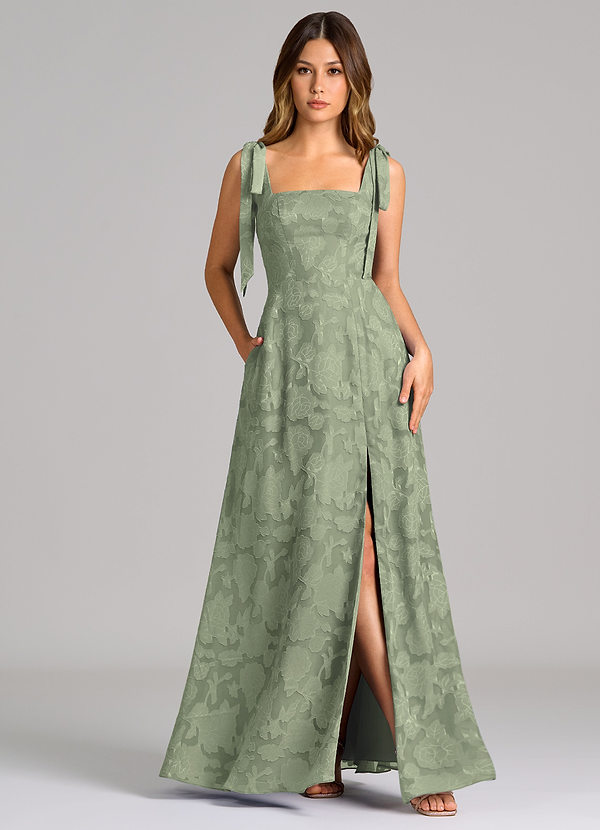 Azazie Debra Bridesmaid Dresses Agave A-Line with Pockets Floral Burnout Dress image1