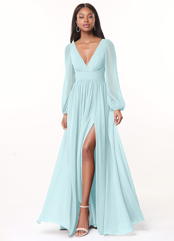 Azazie Norah Bridesmaid Dresses Sea Glass A-Line V-Neck Long Sleeve Chiffon Dress image1