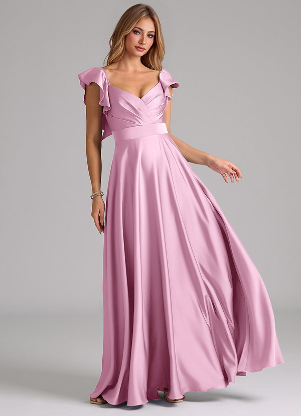 Azazie Leilani Bridesmaid Dresses Candy Pink A-Line Ruched Stretch Satin Dress image1