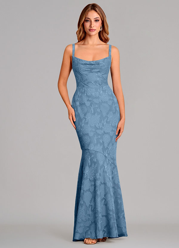 Azazie Aubrey Abiti da Damigella Abito Sirena in Burnout Floreale Fiocco Blu Acciaio image1