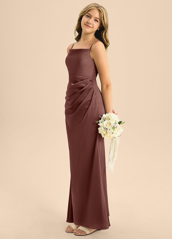 Azazie Renna Junior Espresso A-Line Pleated Stretch Satin Dress image1