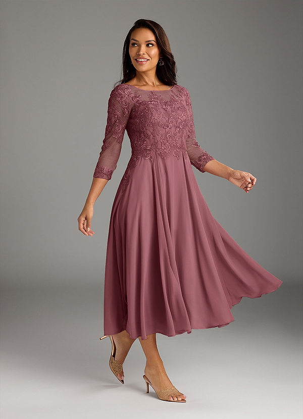 Azazie Marge Brautmutterkleider A-Linie Schaufel Spitze Chiffon Kleid Wüstenrose image1
