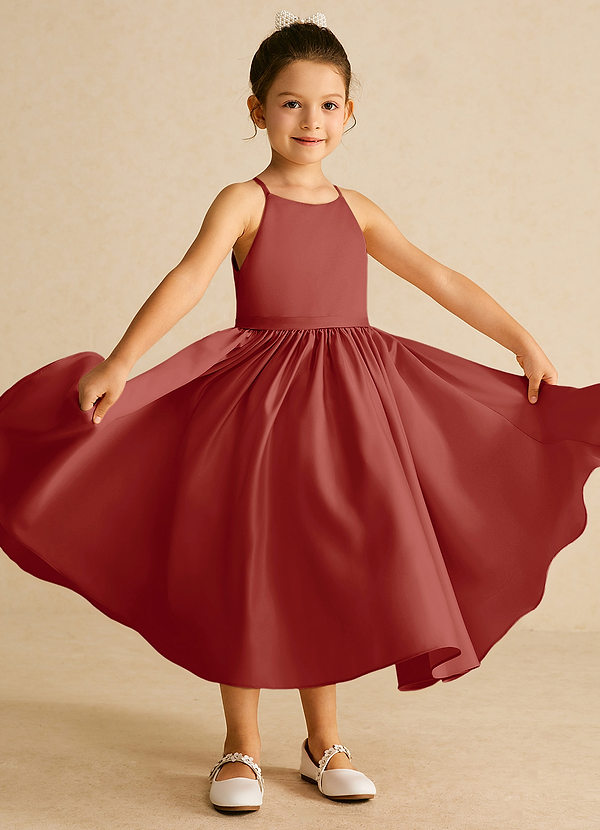 Azazie Sunray Flower Girl Dresses Terracotta A-Line Spaghetti Strap Matte Satin Dress image1