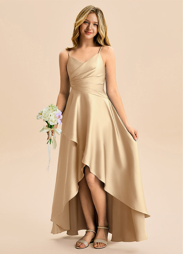 Azazie Eirlys Junior Vestido Champanhe de Cetim elástico de Linha A com Plissado image1