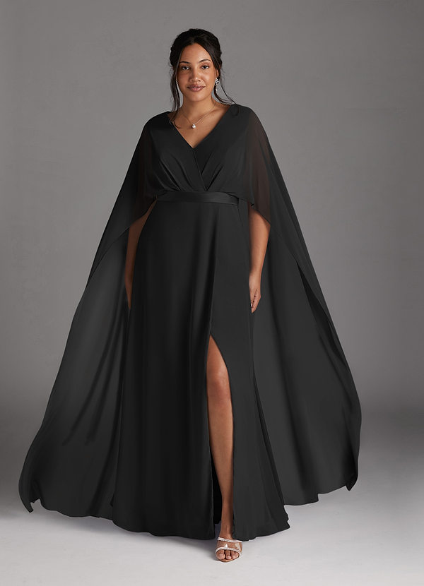 Azazie Isa Mother of the Brides Dresses Black A-Line V-Neck Pleated Chiffon Dress image1