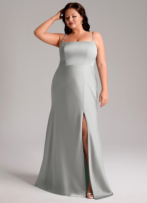 Azazie Lidia Vestidos Dama de Honor Vestido de Plata de Satén Elástico de Corte Sirena con Corte Lateral image1