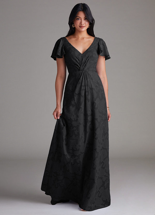 Azazie Soren Bridesmaid Dresses Black A-Line Pleated Floral Burnout Dress image1