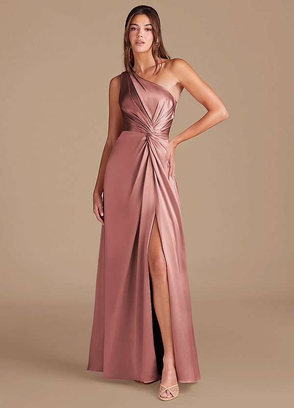 Azazie Brooke Bruidsmeisjes Jurken Jurk van Metaalachtig Satijn met A-Lijn One-Shoulder Stoffige Roos image1