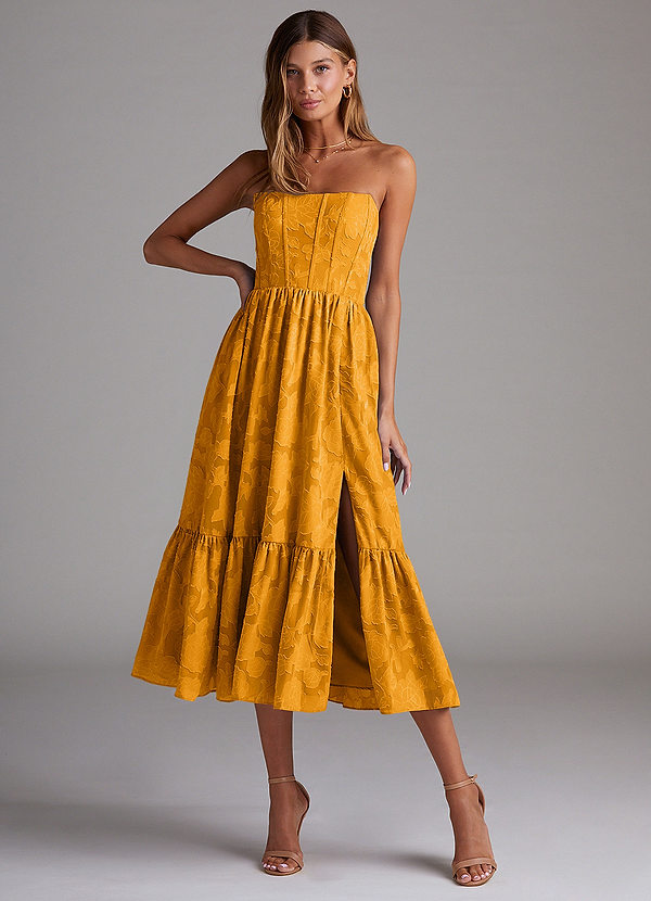 Azazie Delphina Brautjungfernkleider Wandelbar A-Linie Schulterfrei Blumen-Burnout Kleid Butterscotch image1