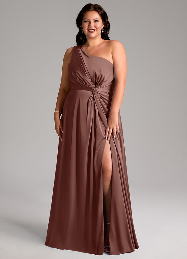 Azazie Brooke Bridesmaid Dresses Espresso A-Line One Shoulder Stretch Satin Dress image1