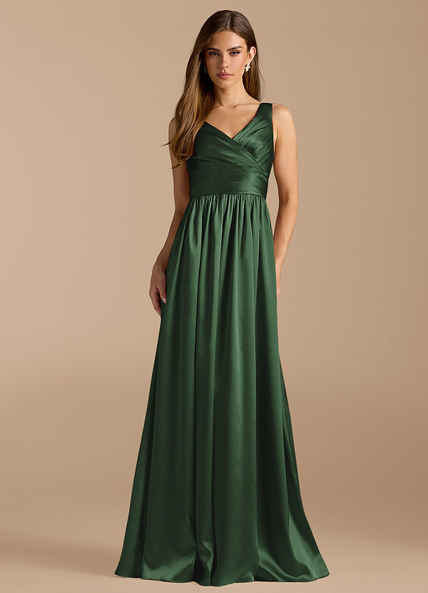 Azazie Keyla Bridesmaid Dresses Eucalyptus A-Line Pleated Metallic Satin Dress image1