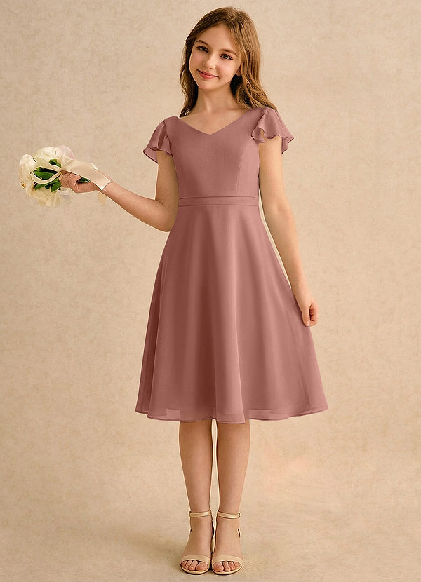 Azazie Narin Girls Formal Robes de Fillette d'Honneur Robe Trapèze en Mousseline de soie avec manches Rose De Cèdre image1