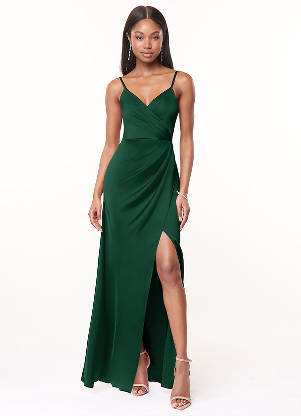Azazie Maci Brautjungfernkleider A-Linie V-Hals Gefaltet Stretch-Satin Kleid Dunkelgrün image1