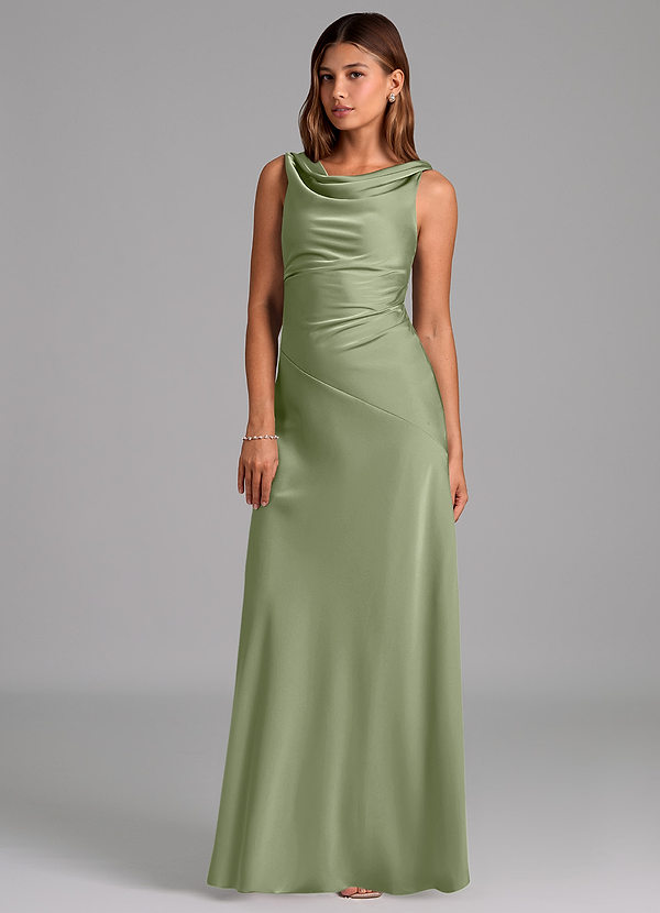 Azazie Nerine Bridesmaid Dresses Pistachio A-Line Pleated Stretch Satin Dress image1