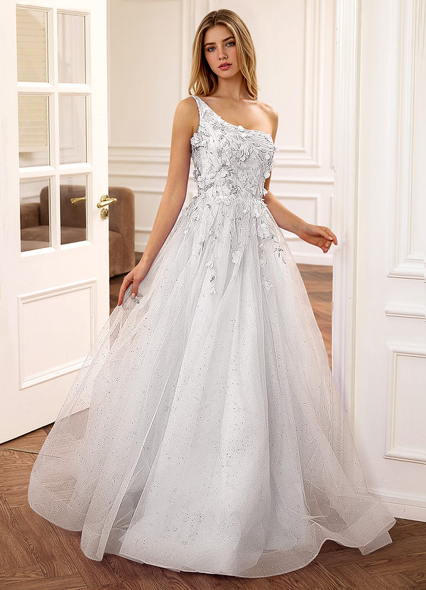 Felicite Vit Blommig A-linjeformad Tyll Paljett Enaxlad Glitter Balklänning image1