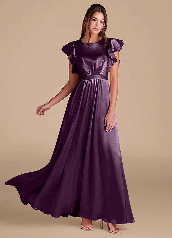 Azazie Daphne Modest Bridesmaid Dresses A-Line Ruched Metallic Satin Floor-Length Dress image1