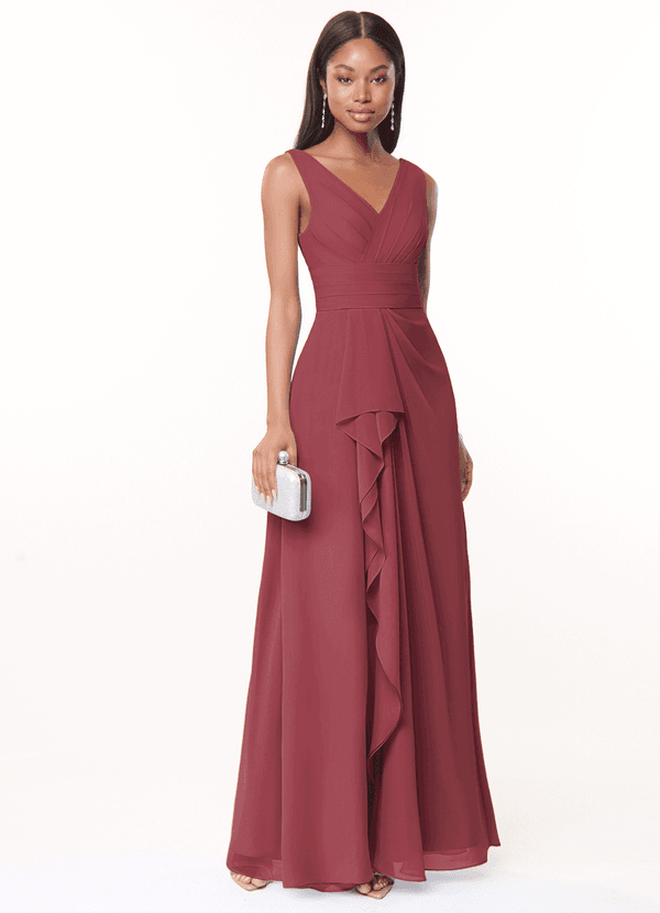Azazie Julianna Bridesmaid Dresses Merlot A-Line Chiffon Dress image1