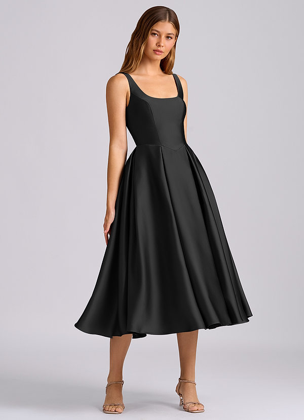 Azazie Amalie Bridesmaid Dresses Black A-Line Pleated Stretch Satin Dress image1