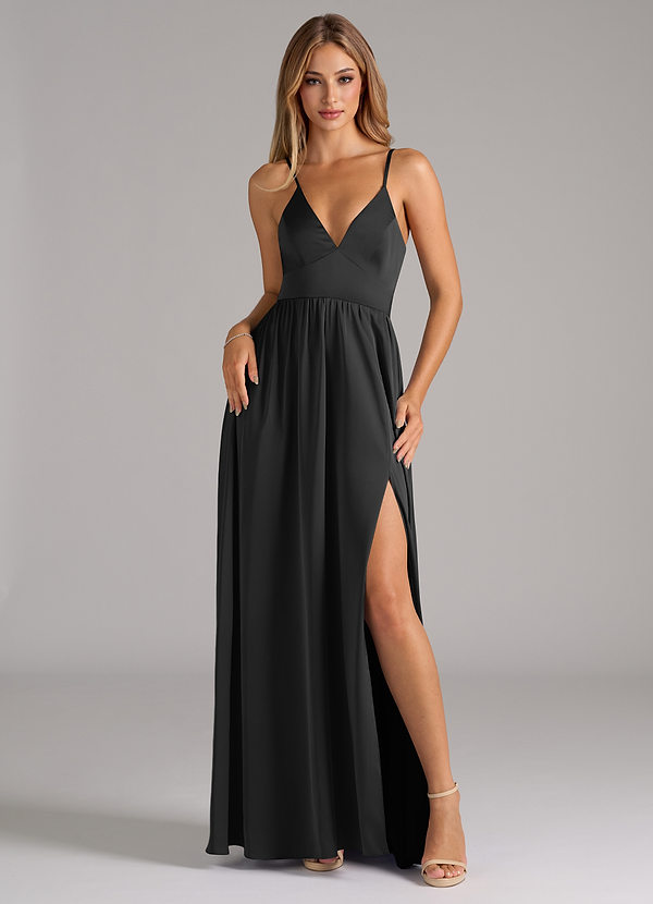Azazie Aaida Bridesmaid Dresses Black A-Line Corset Stretch Satin Dress image1