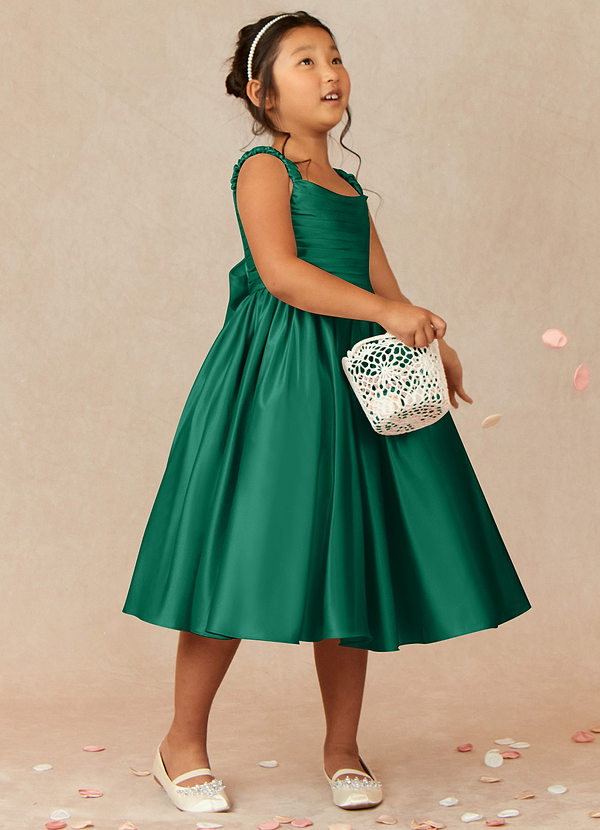 Azazie Cutie Pie Flower Girl Dresses Emerald A-Line Pleated Matte Satin Dress image1