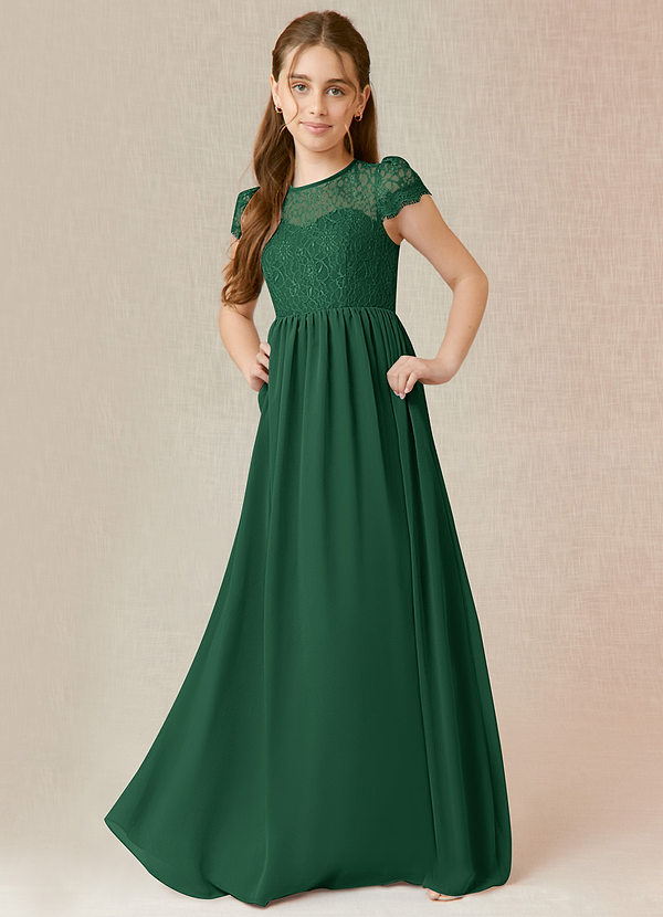 Azazie Delevingne Junior Dark Green A-Line Lace Chiffon Dress image1