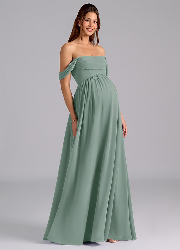 Azazie Saige Brautjungfernkleider für Schwangere A-Linie Plissee Chiffon Bodenlänge Kleid image1