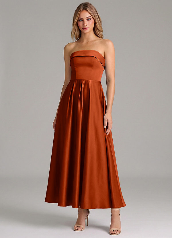 Azazie Lucienne 신부 들러리 드레스 A라인 주름진 스트레치 새틴 발목 길이 드레스 image1