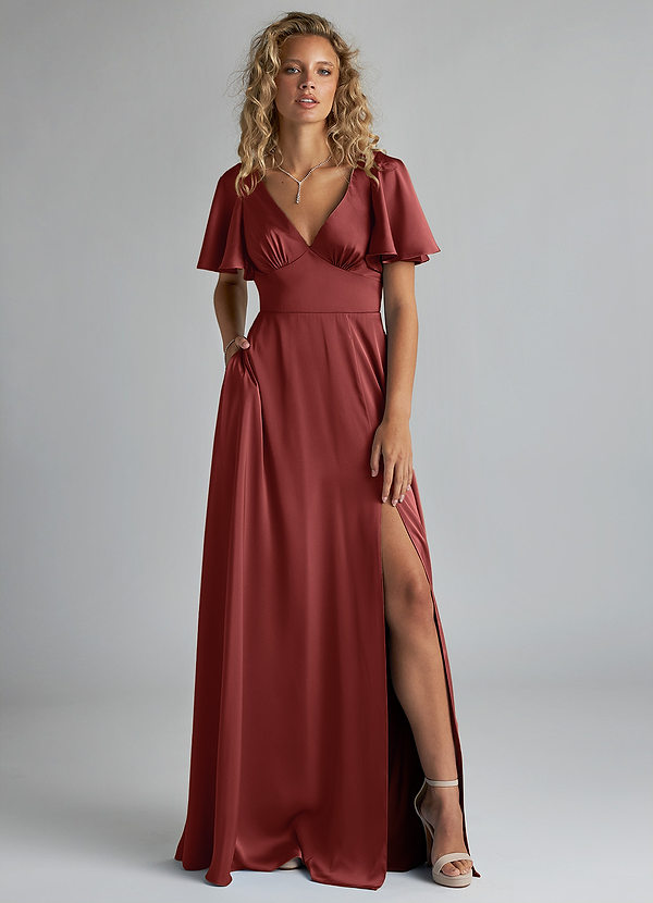 Azazie Kimber Robes de demoiselle d'honneur Robe Trapèze en Satin extensible Drapé Terracotta image1