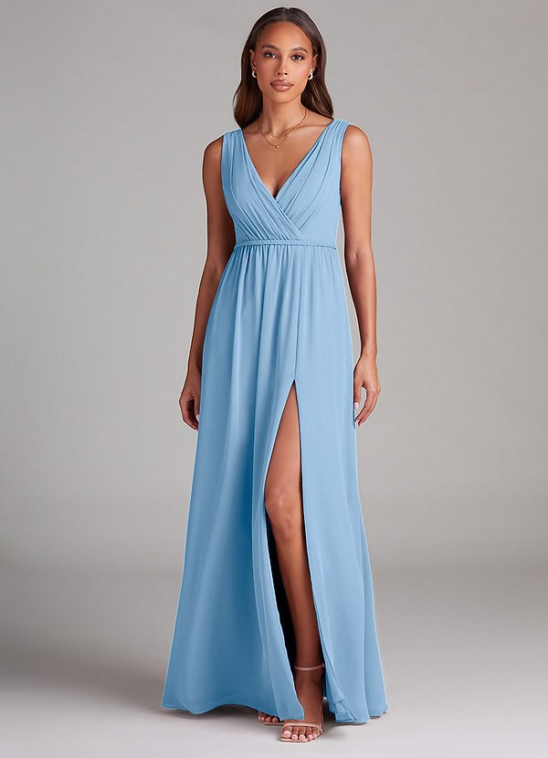 Azazie Tanicia Bridesmaid Dresses Powder Blue A-Line Pleated Chiffon Dress image1