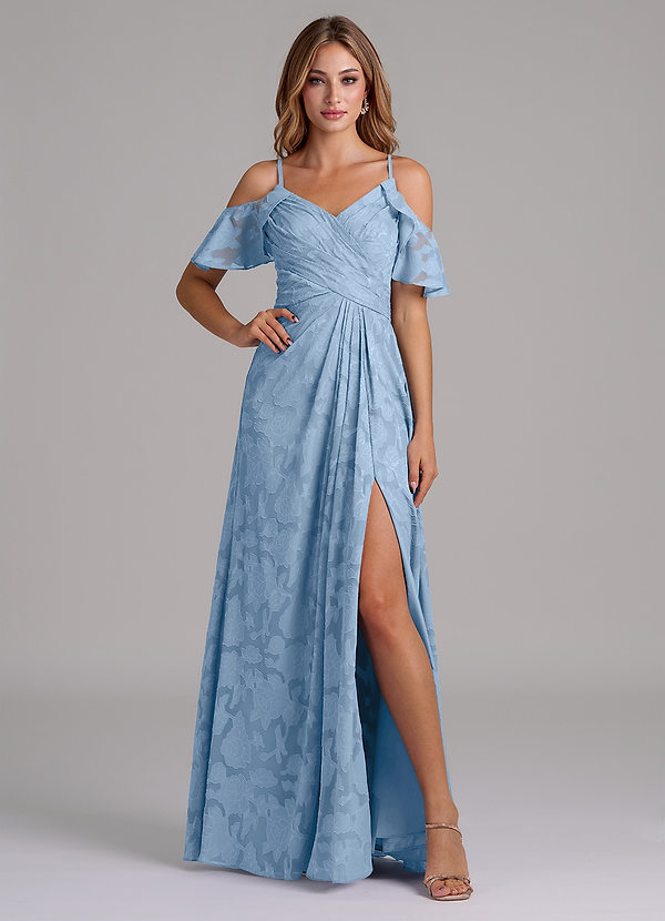 Azazie Dakota Bridesmaid Dresses Powder Blue A-Line Off the Shoulder Floral Burnout Dress image1