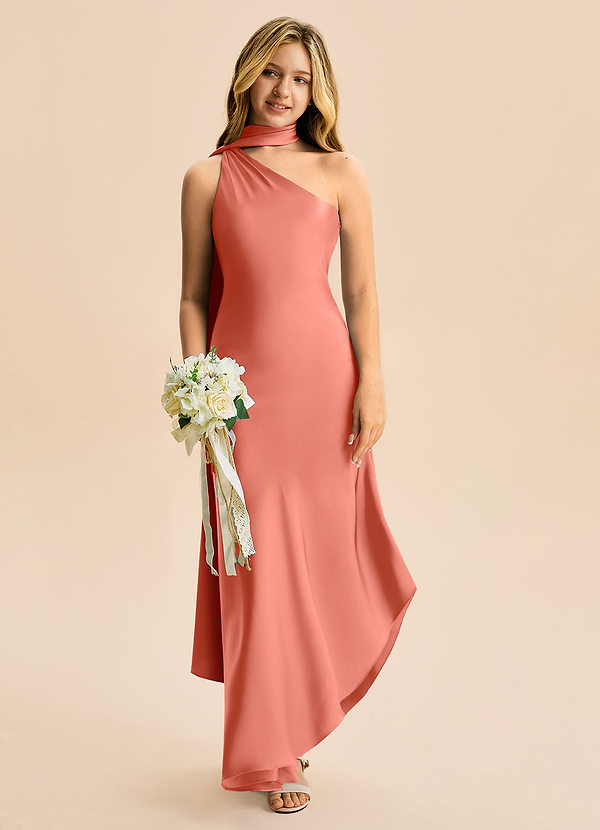 Azazie Briony Junior Salmon Pink Sheath Pleated Stretch Satin Dress image1