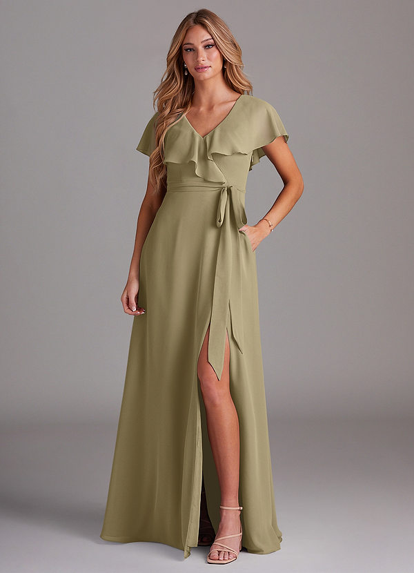 Azazie Lainey Bridesmaid Dresses Moss Green A-Line with Pockets Chiffon Dress image1