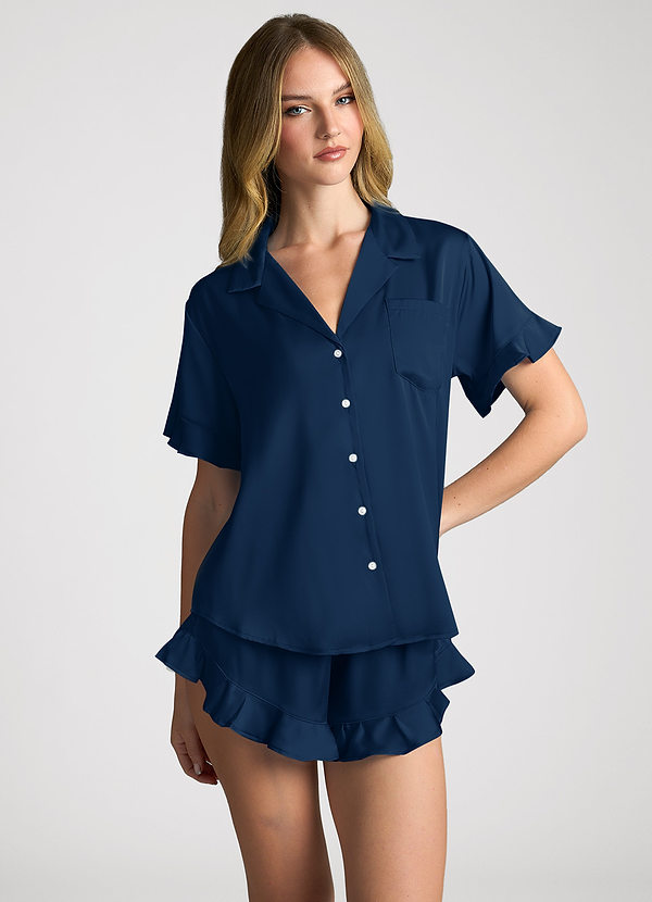 front Marino Scuro Pigiama a maniche corte con volant in tinta unita