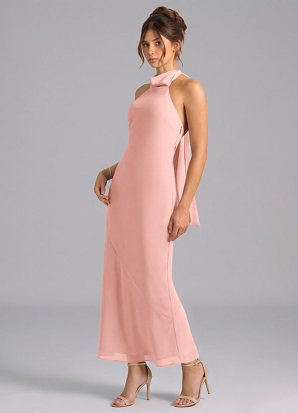 Azazie Velli Brautjungfernkleider Meerjungfrau-Linie Hoher Kragen Chiffon Kleid Rosettenrosa image1