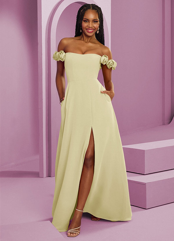 Barbie ♥ Azazie Suknie dla druhen Rozkloszowana szyfonowa sukienka z odkrytymi ramionami i kwiatowymi rozetkami image1