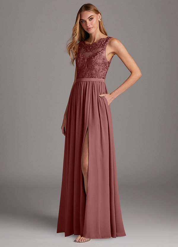 Azazie Elly Abiti da Damigella Abito A-Line in Chiffon Scollo a barchetta in pizzo Rosa Del Deserto image1