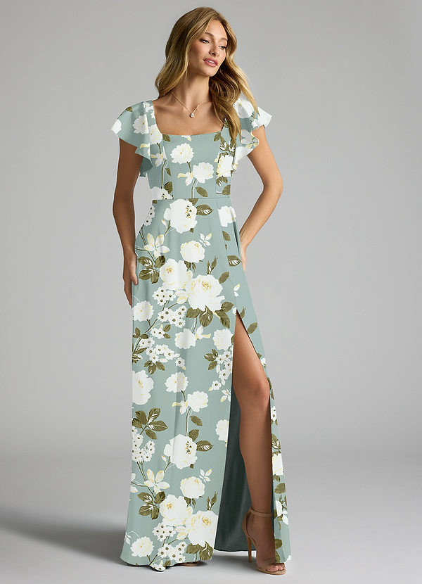 Azazie Bondi Bridesmaid Dresses Misty Floral Garden A-Line Bow Stretch Satin Dress image1