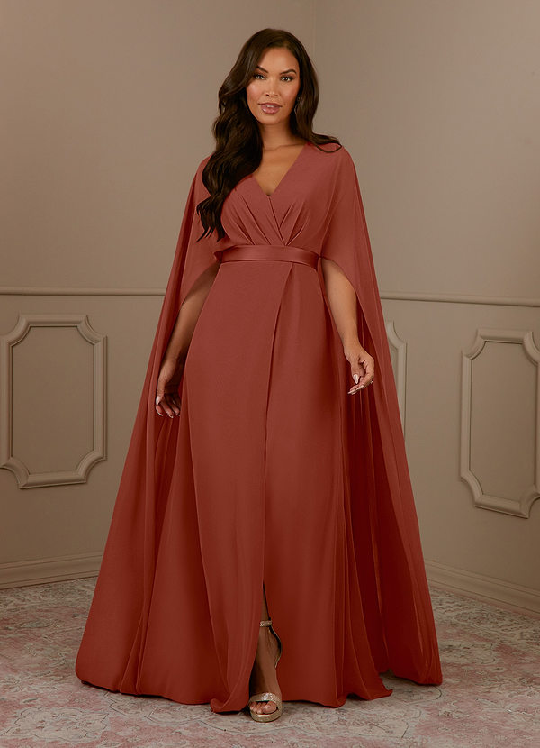 Azazie Isa Robe Mère de la Mariée & du Marié Robe Trapèze en Mousseline de soie Col V plissé Auburn image1