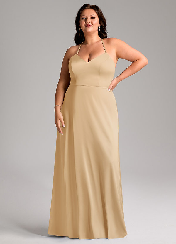 Azazie Mei Abiti da Damigella Abito A-Line in Raso Elasticizzato con Scollo a V Oro image1