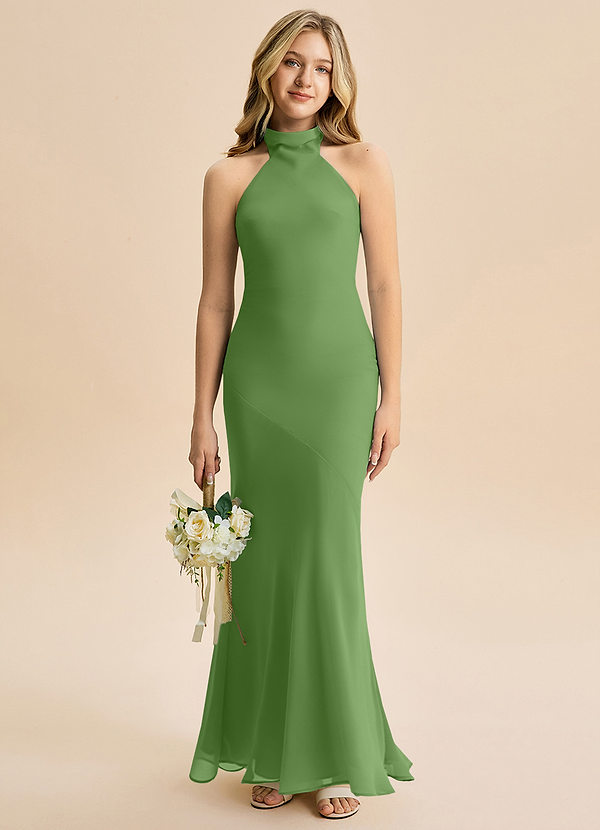 Azazie Velli Junior Vestido Albahaca de Gasa de Corte Sirena con Cuello alto image1