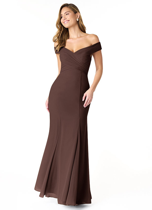 Azazie Lecia Bridesmaid Dresses Ganache Empire Off-The-Shoulder Pleated Chiffon Convertible Dress image1