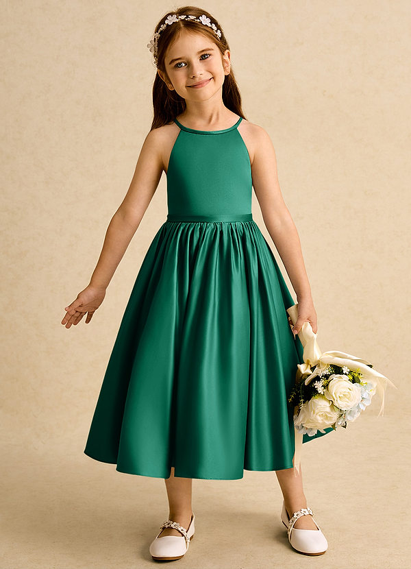 Azazie Indi Flower Girl Dresses Emerald A-Line Bow Matte Satin Dress image1