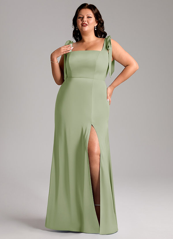 Azazie Frostine Bridesmaid Dresses Dusty Sage A-Line Bow Stretch Satin Dress image1