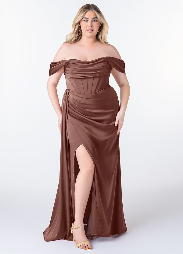 Azazie Amyra Bridesmaid Dresses Espresso Sheath Off the Shoulder Stretch Satin Convertible Dress image1