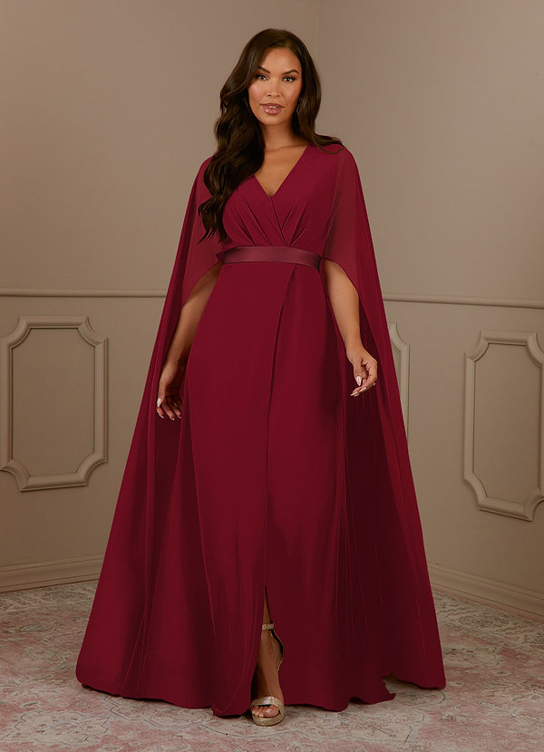 Azazie Isa Robe Mère de la Mariée & du Marié Robe Trapèze en Mousseline de soie Col V plissé Bourgogne image1
