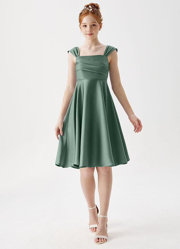 Azazie Amira Junior Eucalyptus A-Line Pleated Stretch Satin Dress image1